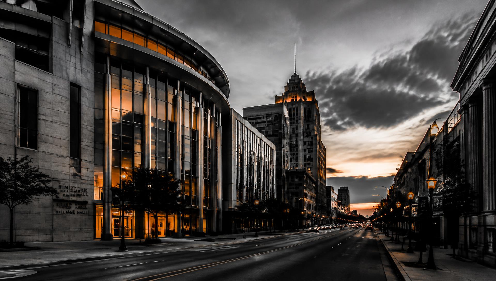 Downtown civic buildings at dusk